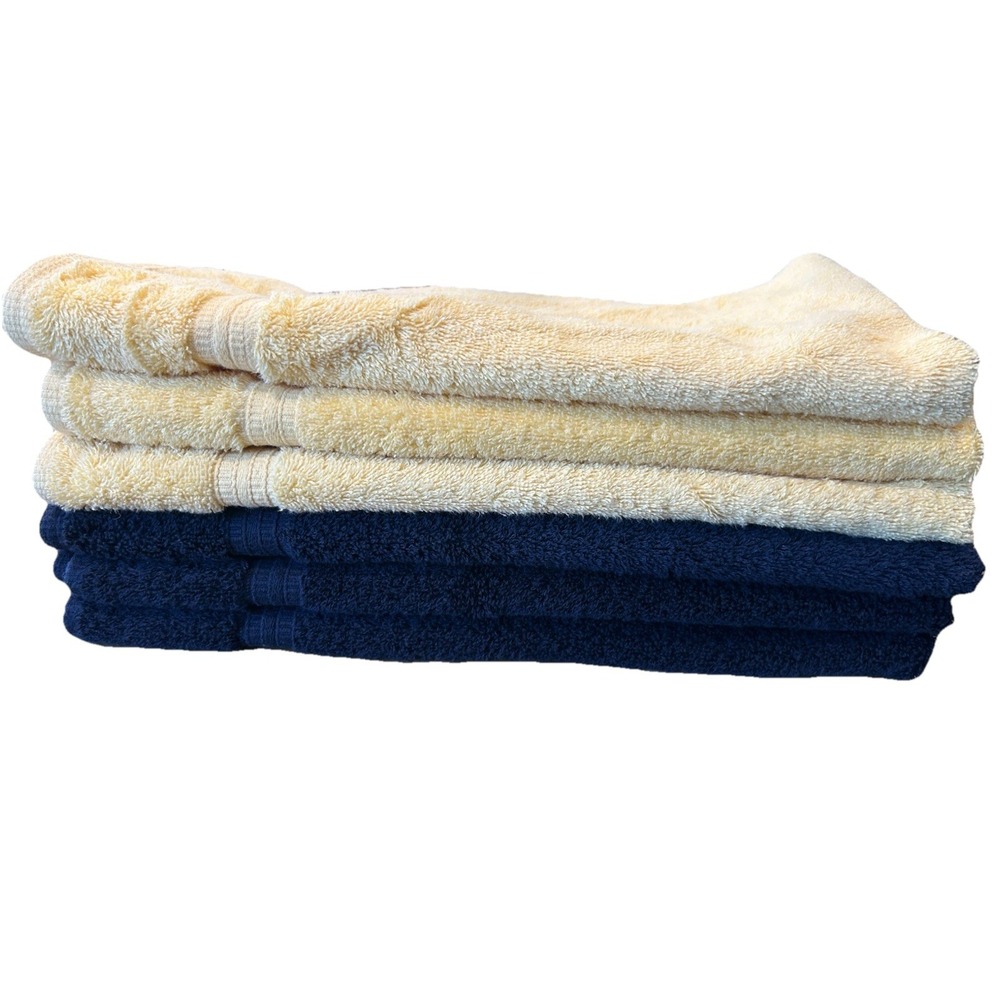 SET OF 6 Ralph Lauren LRL Quality Cotton Hand Towels Navy Blue Yellow EUC